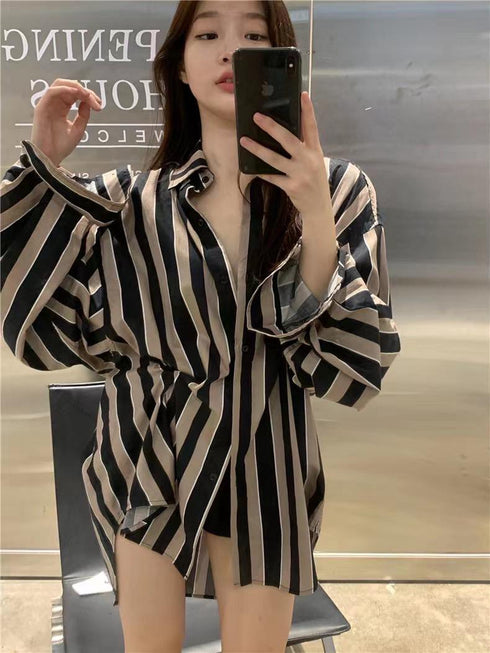 Long Sleeves Strip Collar Down Shirts